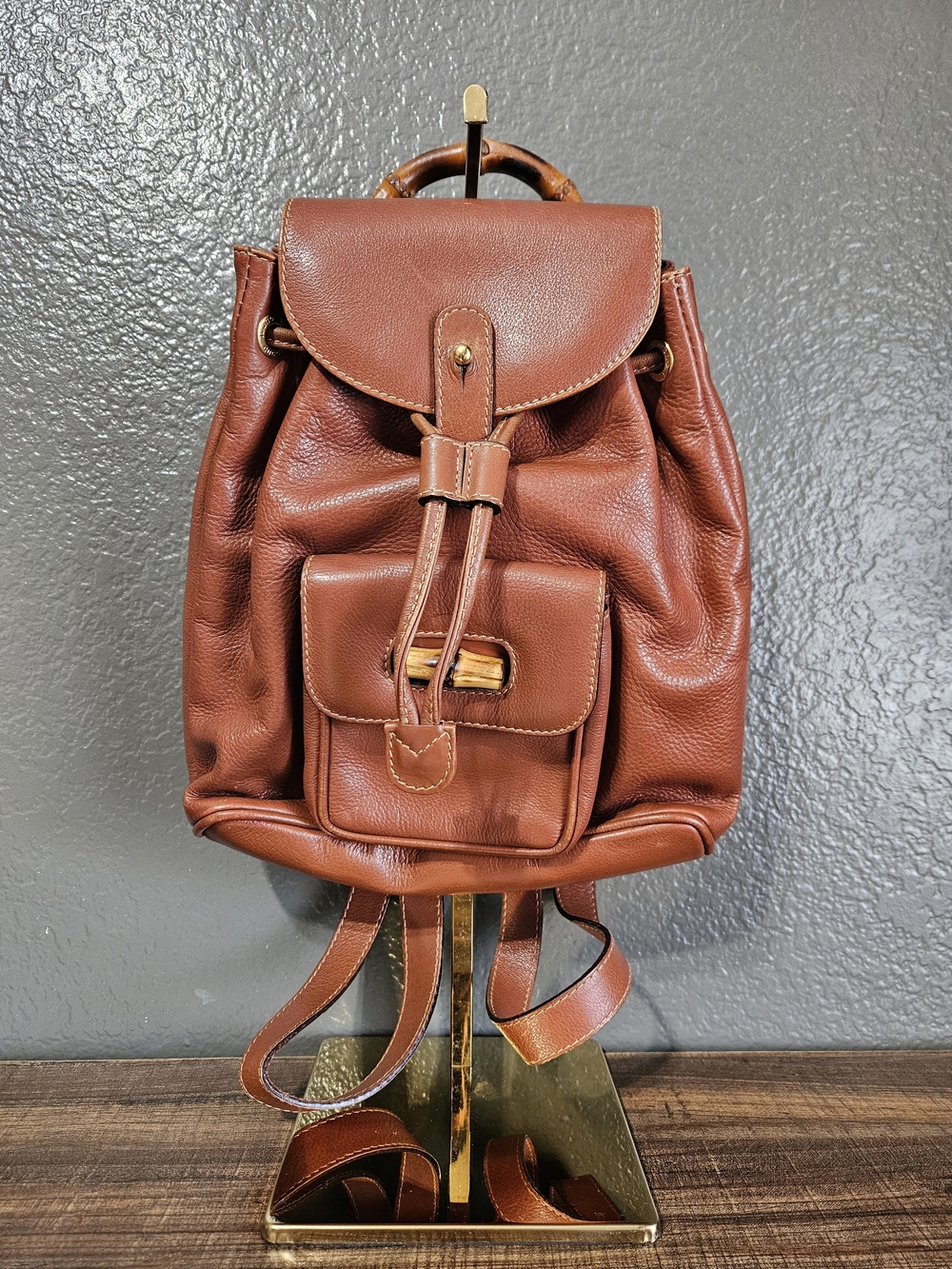 Authentic Gucci Rare Vintage Bamboo Leather Drawstring Backpack